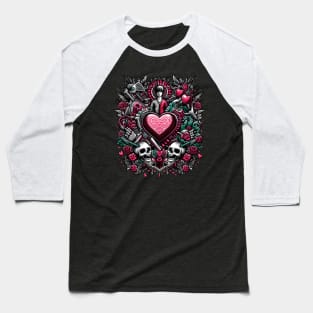 Gothic Romance: A Heart of Skulls and Roses Baseball T-Shirt